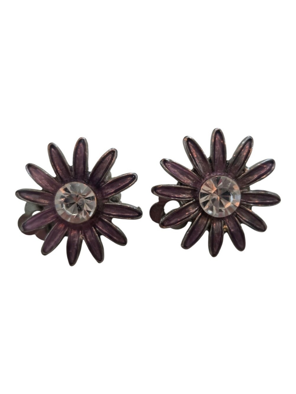 Vintage 1980s Purple Enamel Daisy Clip-On Earrings Retro Boho Rhinestone